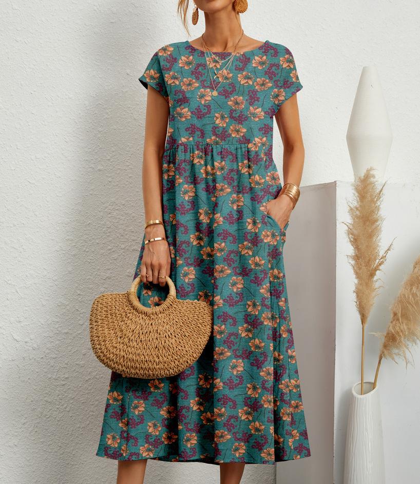 Women Dress Round Neck Printed Short Sleeved A-line Maxi Skirt Unique Floral Long Dresses