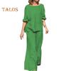 2Pcs/Set Women Casual Outfit O-neck Long Sleeve Tops Elastic Waist Wide Leg Long Pants Set Solid Color Loungewear