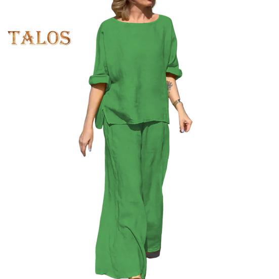2Pcs/Set Women Casual Outfit O-neck Long Sleeve Tops Elastic Waist Wide Leg Long Pants Set Solid Color Loungewear