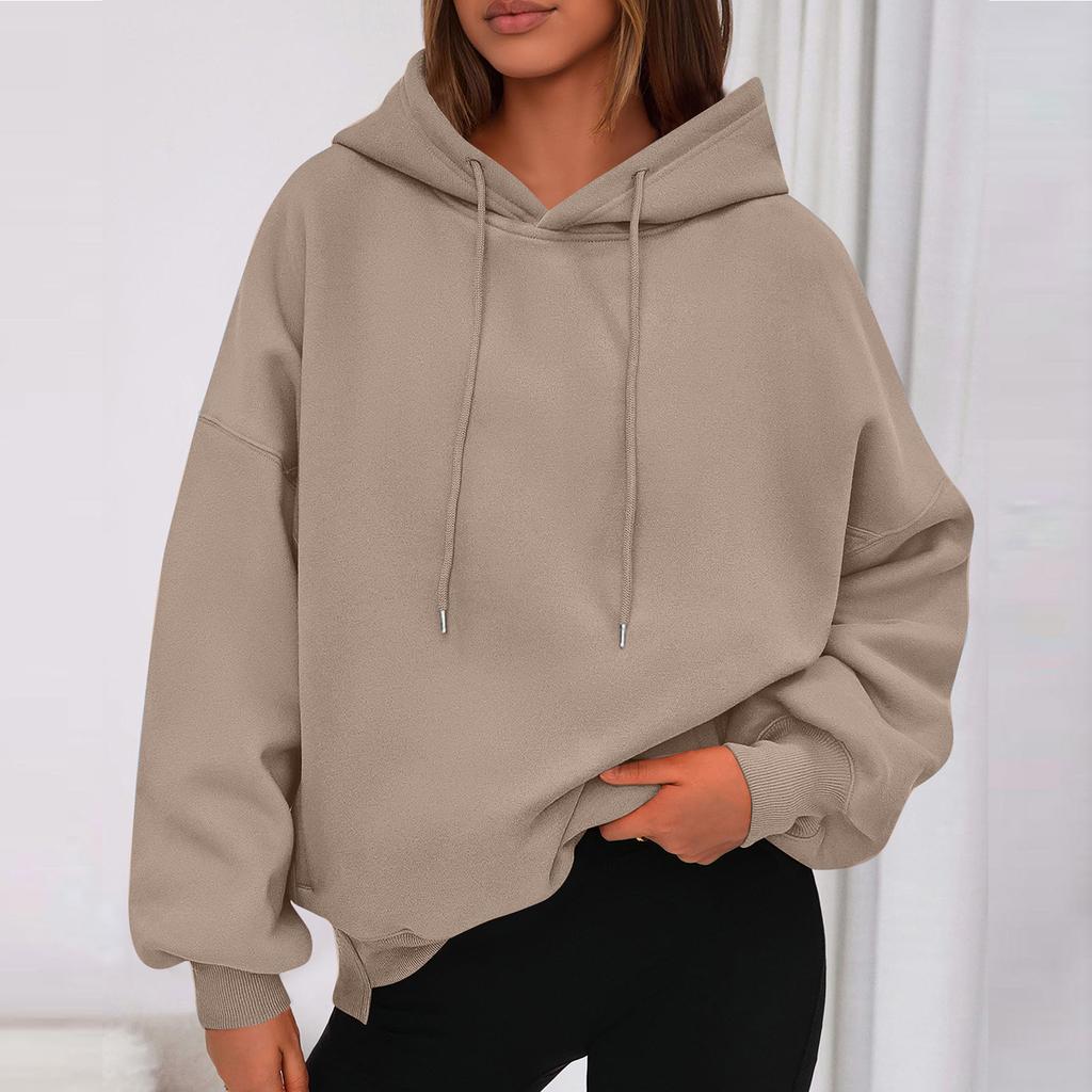 Ladies' Fashionable Solid Color Casual Hooded Pocket Long Sleeved Sweatshirt