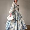 Французское винтажное платье женское весеннее шифоновое длинное платье с V-образным вырезом, расшитое бисером, с принтом и рукавами-фонариками, подол в стиле бохо макси платье