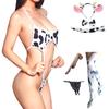 9 Piece Set Extreme Cow Pattern Super High Leg Leotard with Knee High Brazilian Micro Bikini Unicos Cosplay Tiny String Panties T Back School Swimsuit