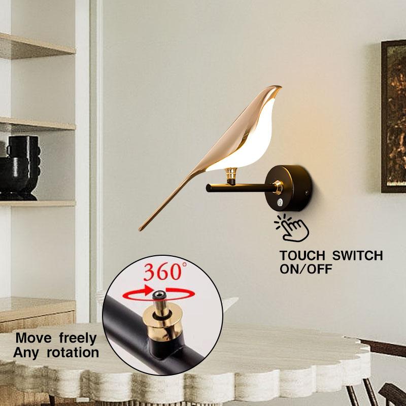 Touch Switch ON/OFF LED Wall Lamps for Bedside Bedroom Gold Silver Magpie Bird LED Wall Lights Wall Sconce for Corridor Aisle