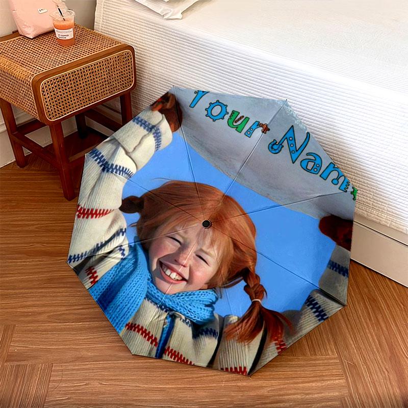 1 PC Automatic Folding Umbrella - Pippi Longstocking Custom Name Pattern, Portable & Foldable Design with 8 Ribs, Christmas Birthday Gifts
