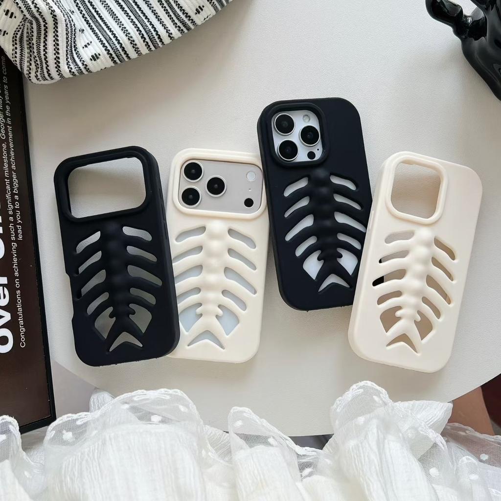 Creative Hollowed out Fish Bones Phone Case For iPhone 17 16 15 14 Plus 13 12 18 Pro Max Liquid Silicone Soft Protection Cover