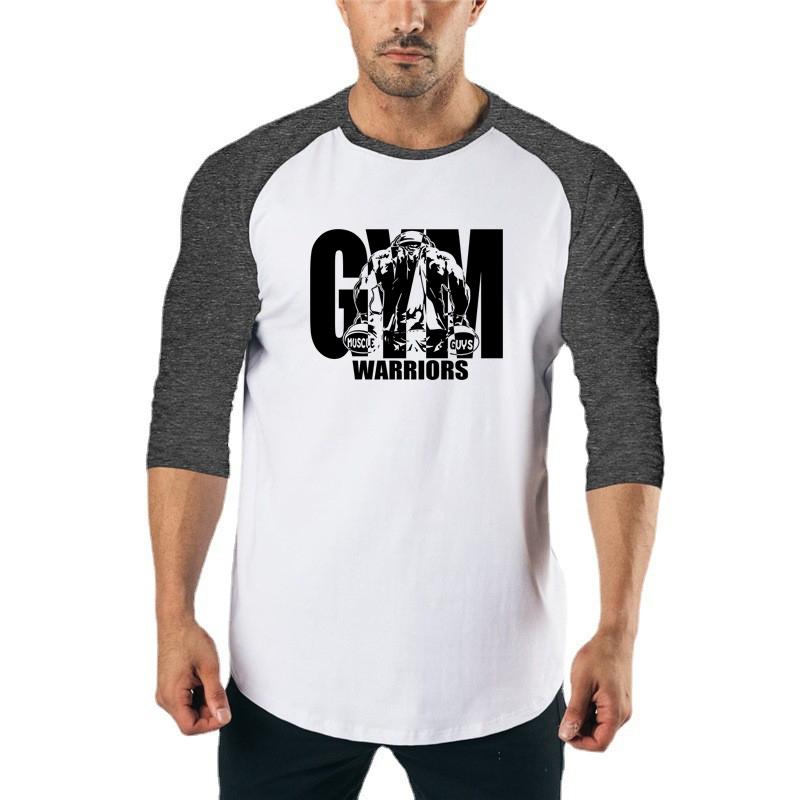 Muscleguys Одежда Gym Warriors Мужская футболка для бега Весна Осень Футболка с рукавом три четверти Лоскутная Фитнес Футболка Спортивная футболка