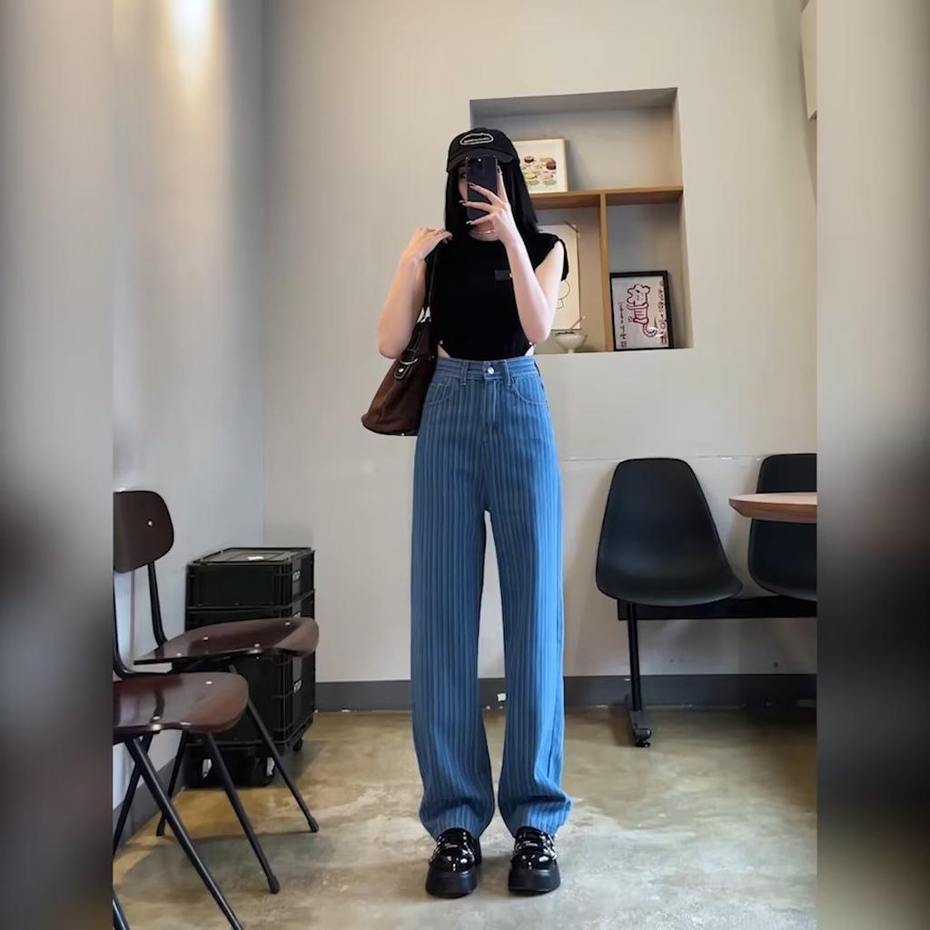 High waist vertical striped jeans women's spring and autumn new loose and thin high street drape pants tide