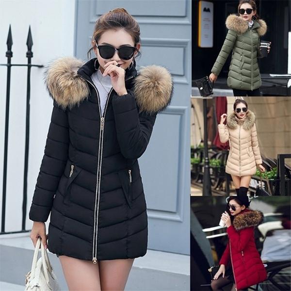 Women's Cotton Coat Long Section Slim Cotton Jacket Large Fur Collar Down Cotton Coat