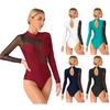 Womens Shiny Rhinestone Color Block Bodysuit Long Sleeve Gymnastics Dance Leotard Acrobatics Figure Skating Costume