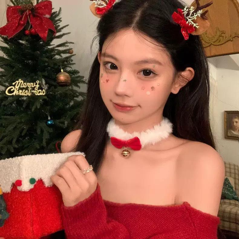 Adorable Christmas Plush Necklace with Red Velvet Bow and Jingle Bell Choker