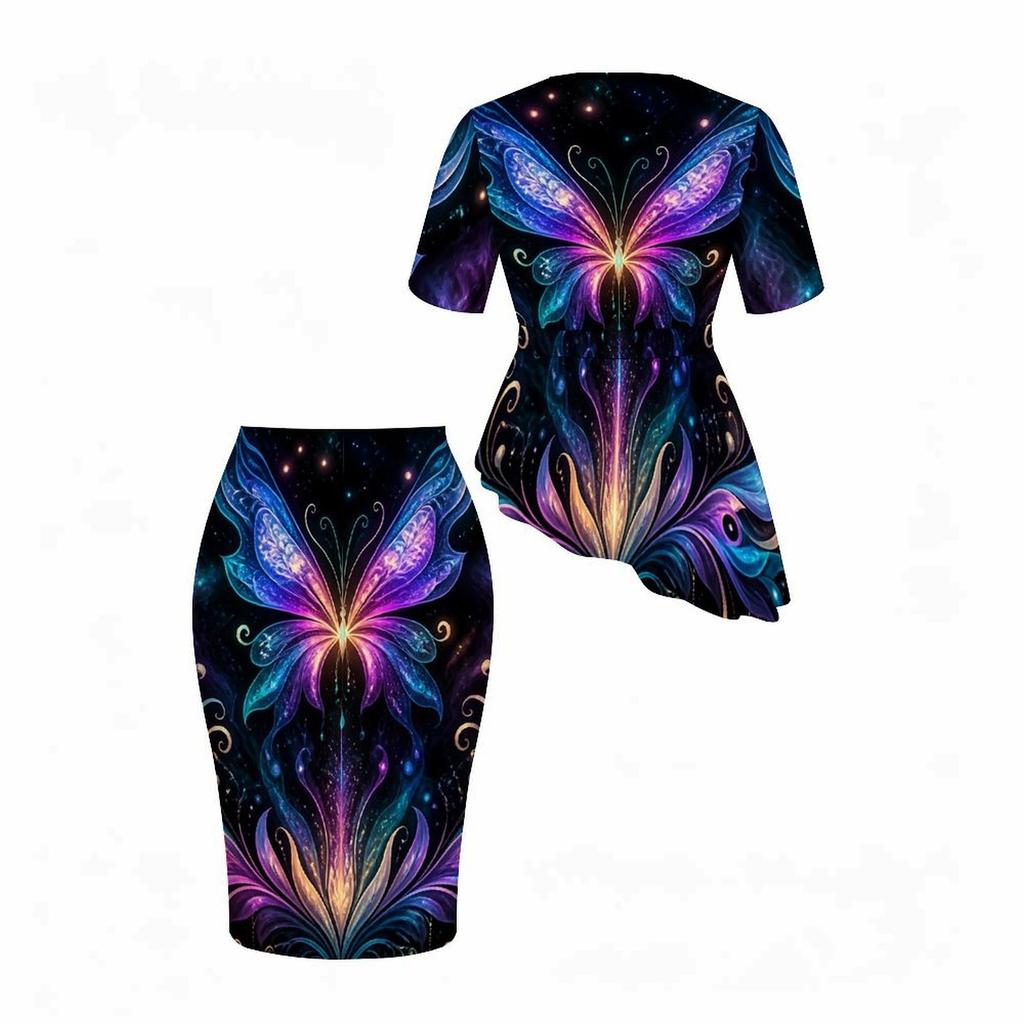 Women Plus Size Purple Pink Butterfly Printed Round Neck Short Sleeve Asymmetric Top Fitted Skirt Two Piece Set