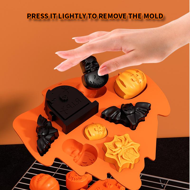Mixed Halloween Theme Silicone Mold Ghost Tray with Spider Pumpkin Bat Skull Pattern Baking Tools for Chocolate Jelly Decoration