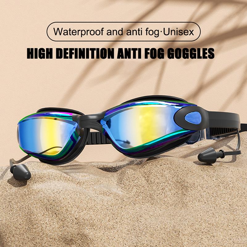 Swimming Goggles Swimming Ear Plugs Professional Waterproof Glasses HD Anti-Fog UV Silicone Adjustable Glasses Men Clear Goggles