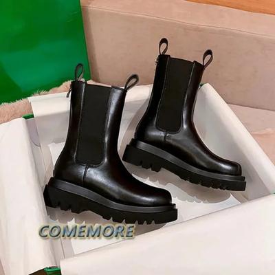 Женские ботинки челси, меховые ботинки, зимние, новые, на платформе, массивные, модные, роскошные, дизайнерские, британские, средней длины, кожаные, зимние ботинки, повседневные