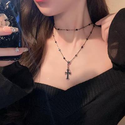 Стильное женское ожерелье Dark Cross: Длинная двухслойная цепочка для свитера, Роскошная цепочка на ключицы. КТЖ