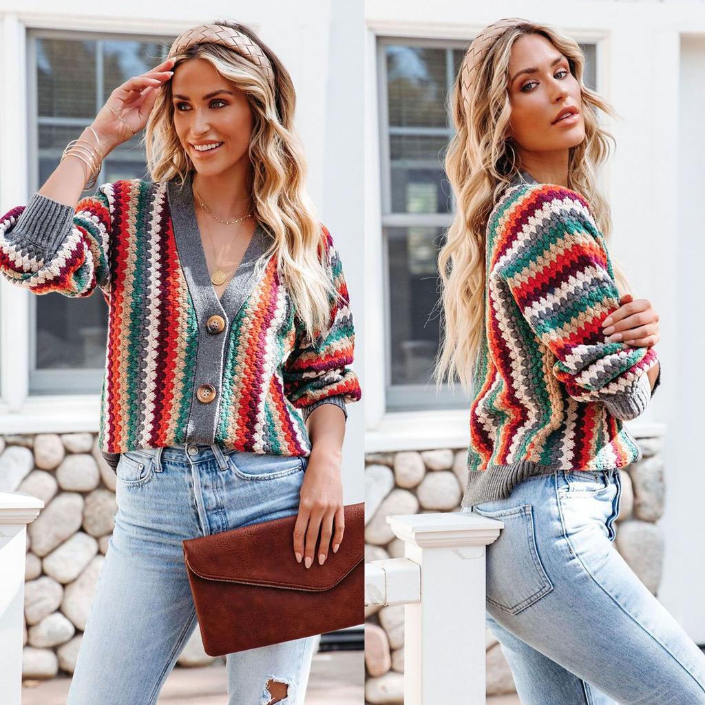 Autumn and Winter Striped New Loose Women's Knitwear Women's Single-breasted Cardigan Sweater Women