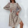 Women's O Neck Long Sleeves Fall Lace Up Print High Waist All Match Dress