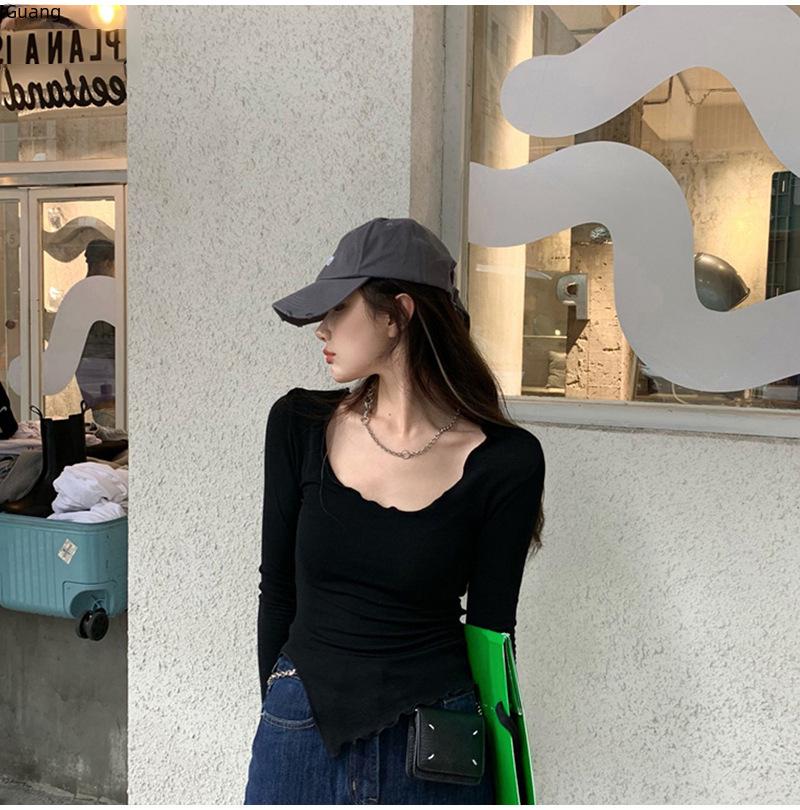 Женская серая футболка с длинным рукавом на осень - 2025 Tight Fit Short Design Top