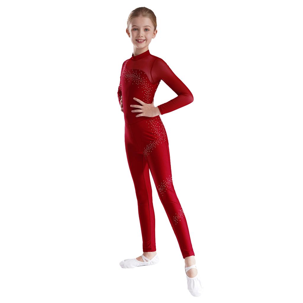 Rhinestone Gymnastics Leotard Full Body Jumpsuit Kids Girls Long Sleeve Sports Body Ballet Unitard Jersey Performance Dancewear
