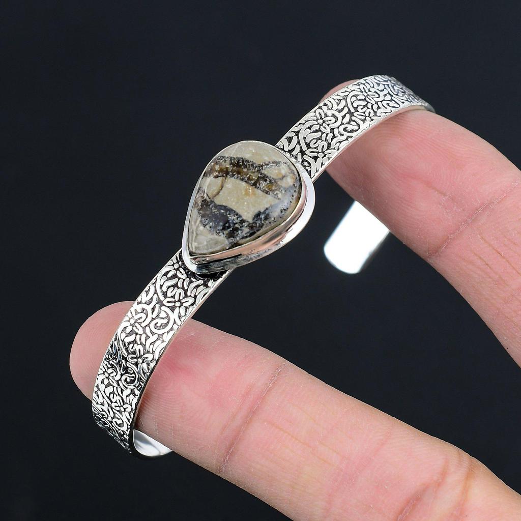 Halloween Deal 925 Silver Septarian Stone Root Chakra Art Deco Bangle Bracelet