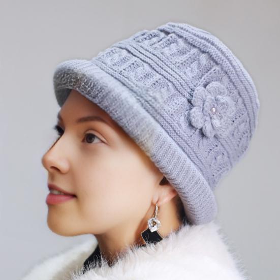 Женская утепленная вязаная шапка с цветком, крючком, шляпа-ведро для пожилых женщин, зимняя теплая шляпа рыбака для активного отдыха