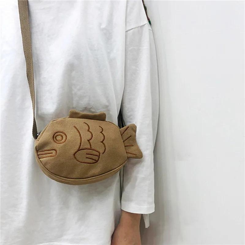 Холщовая сумка-мессенджер в форме рыбы, модная, милая вышивка, портативная, на молнии, маленькие кошельки, сумочки, мини-сумка через плечо CLE