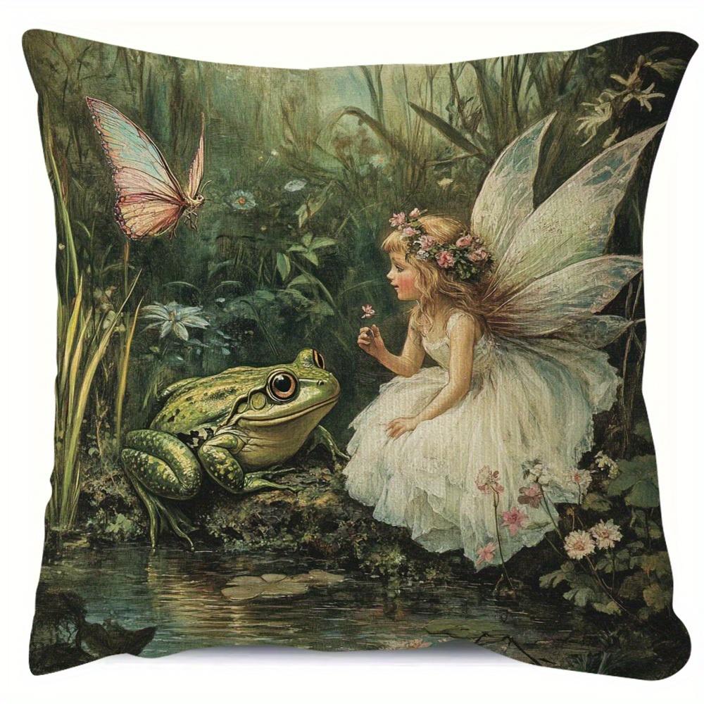 1pc Pillow Cover, Single-Sided Short Plush Pillowcase – Vintage Art of Frog And Fairy, Traditional