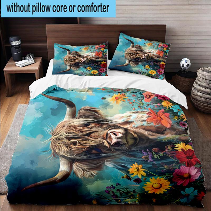 Cow In Flower Field 3pcs Bedding,Including 1pc Duvet Cover And 2pcs Pillowcases Perfect for Christmas,Ideal for Bedroom, Dormitory