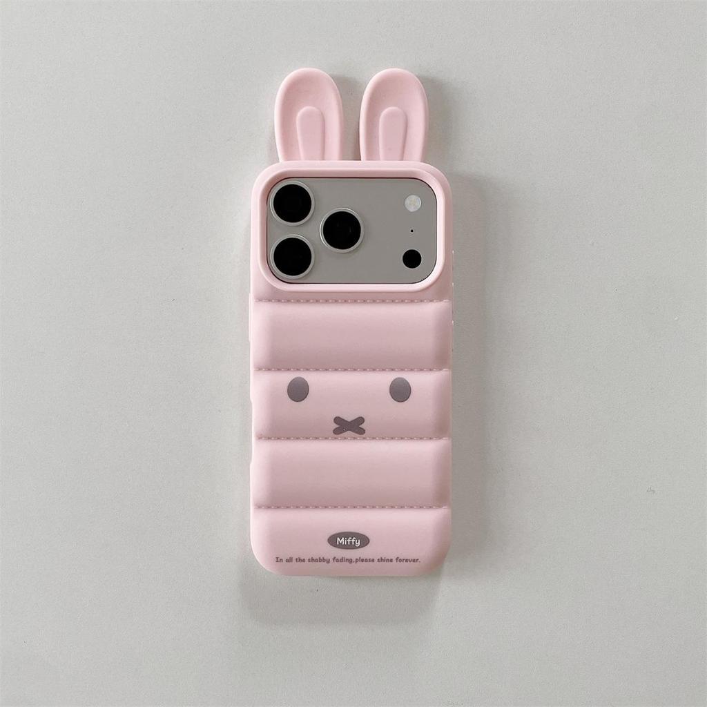 Чехол для iPhone 15/16/17 Pro Max с 3D-ушками кролика из пуха и пера, противоударный
