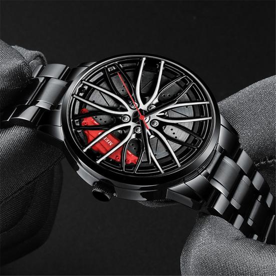 Quartz Watch Precise Round Dial Pointer Display Shockproof Hidden Clasp Chronograph with Car Wheel Rim Hub Design Automatic Quartz Wristwatch Clock
