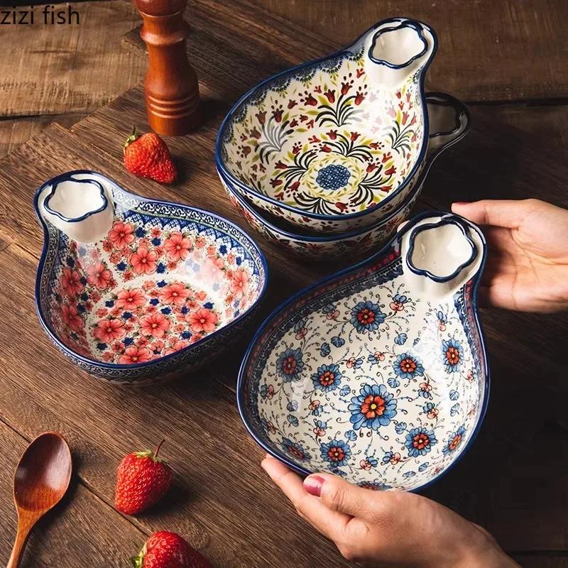 Винтажная цветочная керамическая тарелка, тарелка для пельменей с уксусом, овощная салатница, фруктовая чаша, тарелка для закусок, керамическая посуда