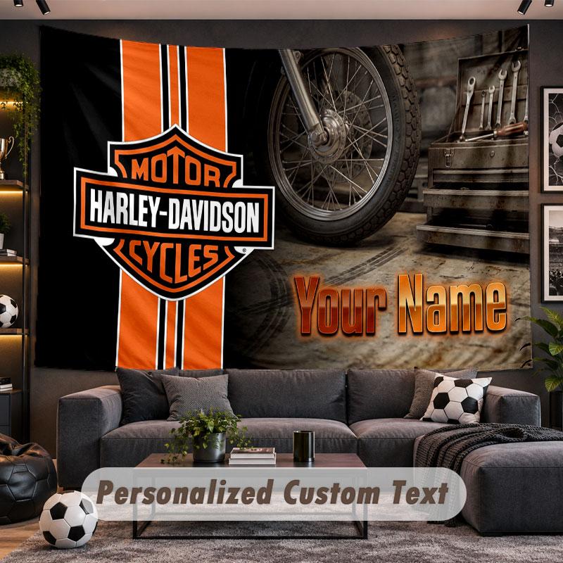 Wall Hanging Tapestry Custom NameHarley-Davidson Pattern Personalized Printed Fabric Wall Decor