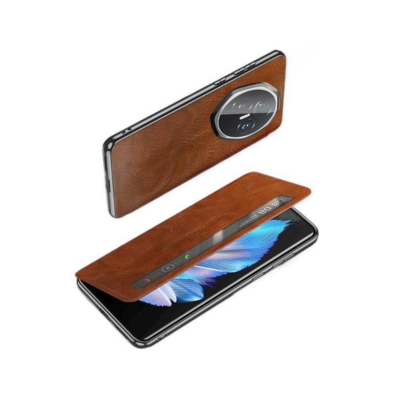 Premium Genuine Leather Flip Case Honor Magic V3 Ultra Smart Window Foldable Phone Full Coverage Shockproof Protective Cover