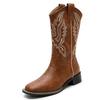 Luxury Brand Women Boots Embroidered Western Boots Leather Mid Calf Cowboy Boots Winter Chunky Heel Shoes Female Autumn Shoes