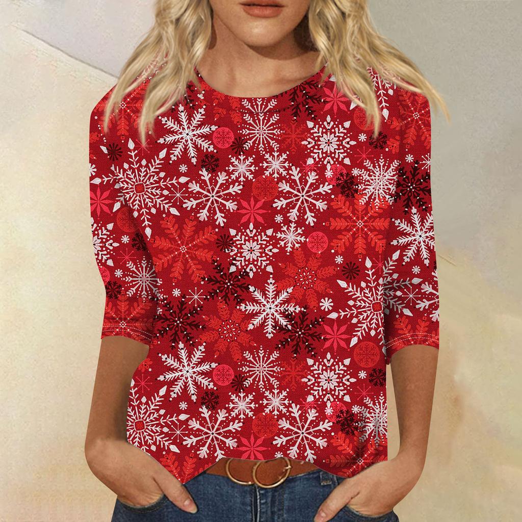 Women's Fashion Casual Seven Sleeve Christmas Printed Round Neck Top