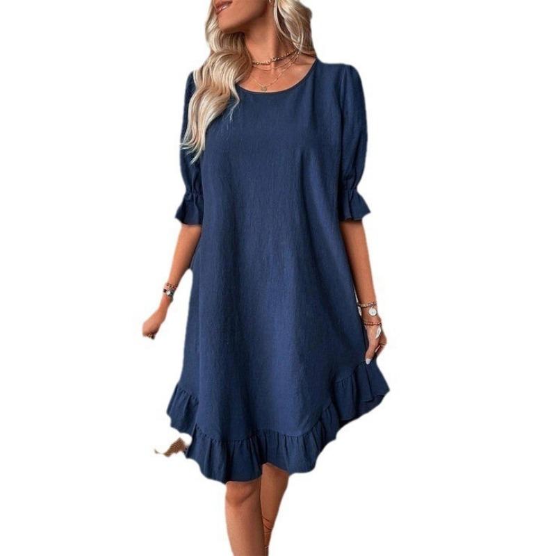Solid Color Half Sleeve Dress, Casual Crew Neck Dress For Spring, Women's Clothing