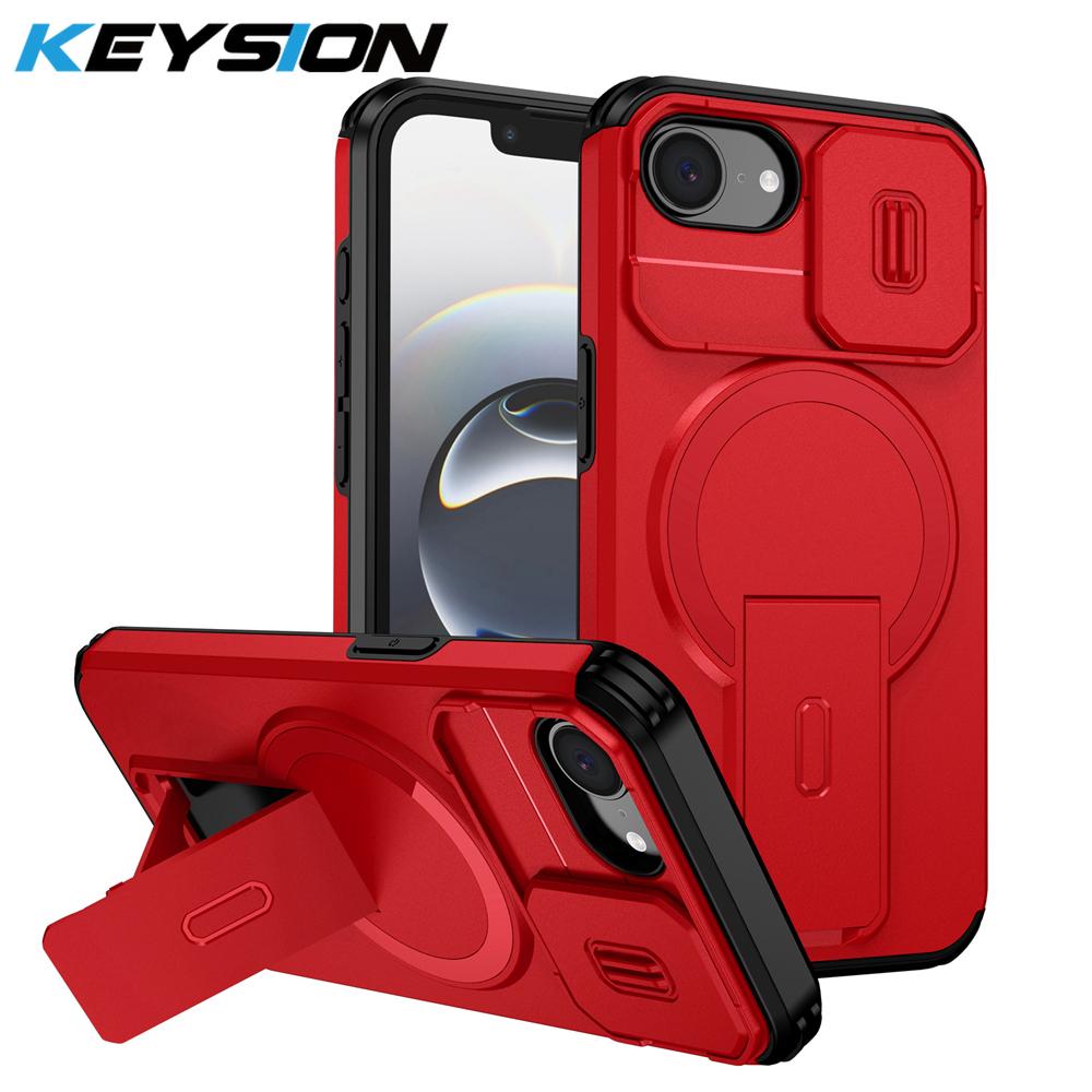KEYSION Противоударный бронированный магнитный чехол для iPhone 16e Силикон+ПК Сдвижная защита камеры Подставка Беспроводная зарядка Чехол для телефона