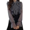 Bow Tie Ribbon Chiffon Ruffled Sheer Long Bell Loose [MEME XTRA] Women's Blouse, See-Through Shirt, Blouse, Sleeve, Sheer, Cool, Sleeves, Gorgeous,