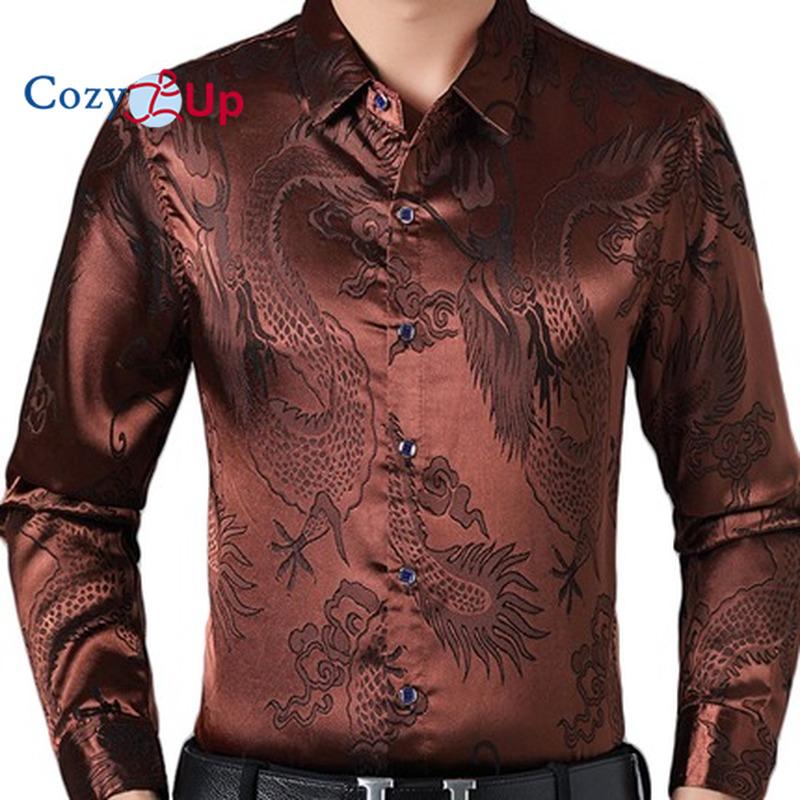 Cozy Up Wine Red Smooth Silk Satin Shirt Men Jacquard Slim Fit Long Sleeve Button Down Dress Shirts
