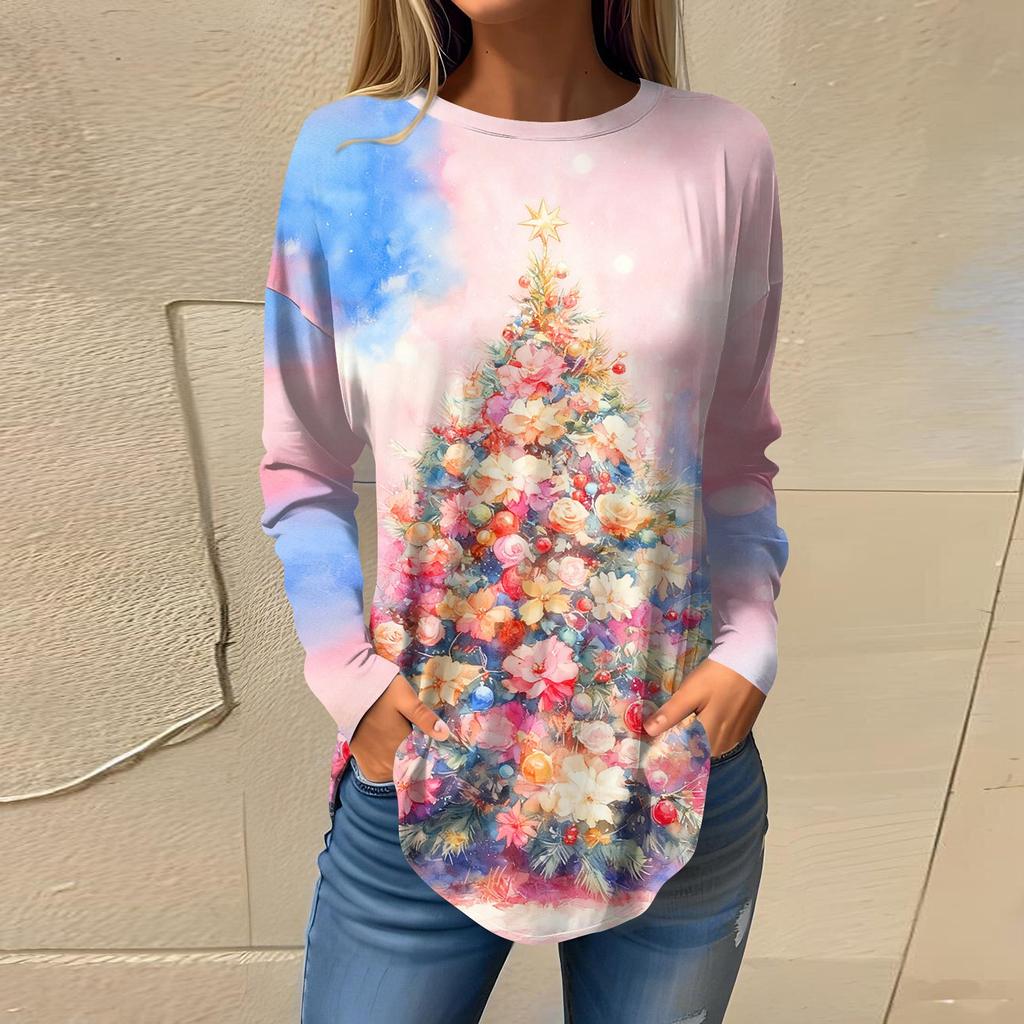 Tee Shirts For Women Casual Round Neck Long Sleeve Shirts Christmas Printing Top Pullover