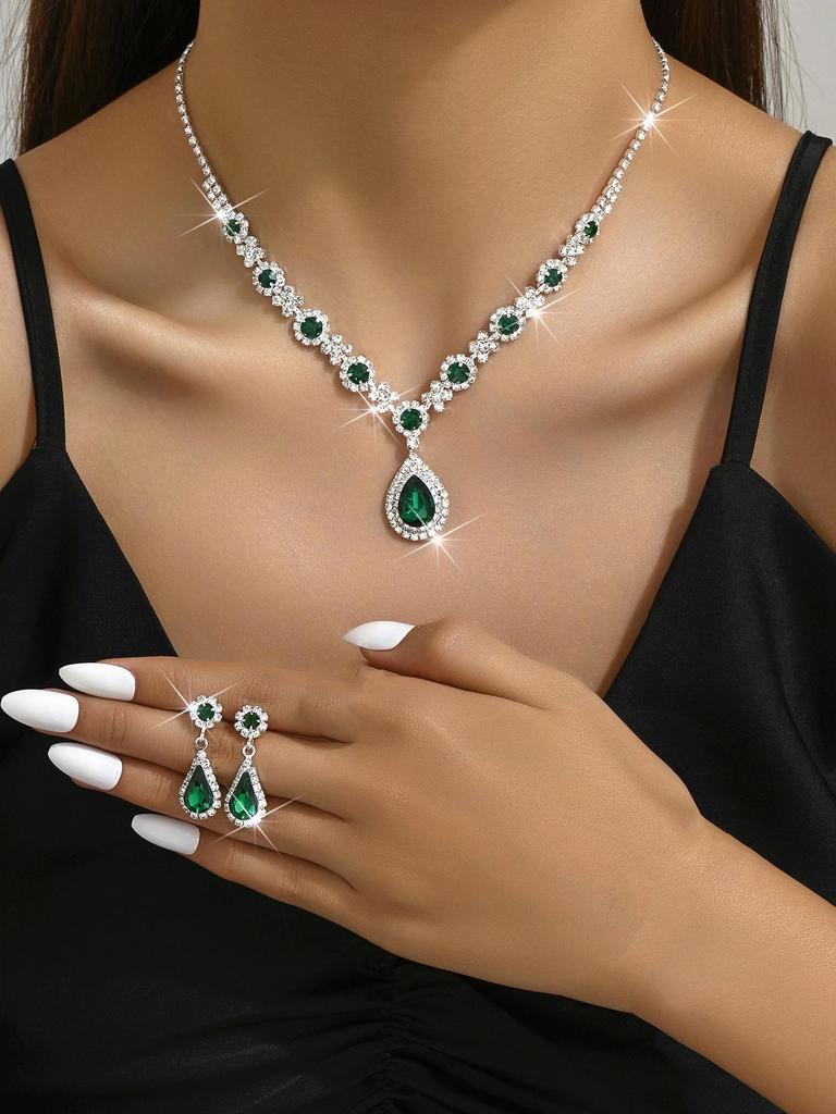 Элегантный комплект украшений из хрустальных драгоценных камней: Ожерелье, серьги, браслет и кольцо в форме капли для женщин