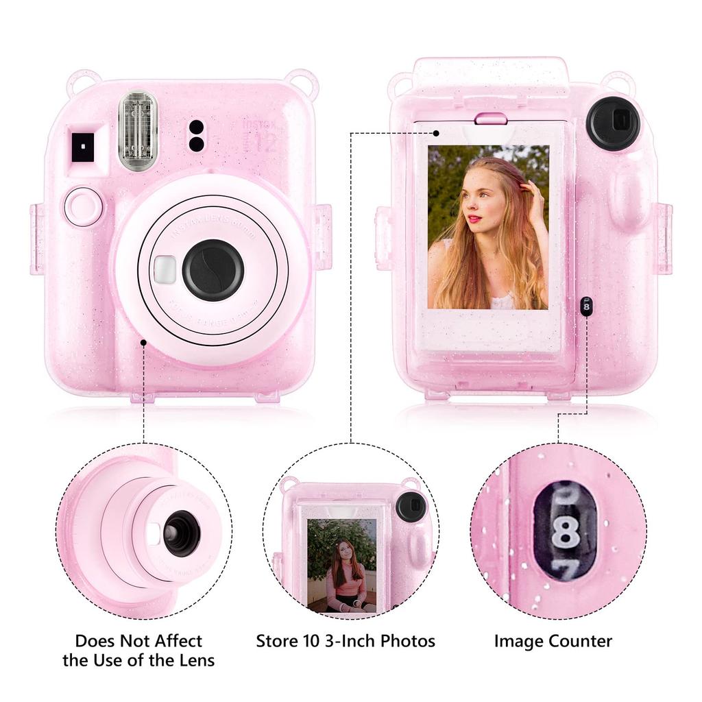Rieibi Instax Mini 12 Instax Fujifilm Instax Mini 12 Case Clear Instax Mini 12 Case Transparent Shining Clear Clear Case with Clear Shoulder Strap and