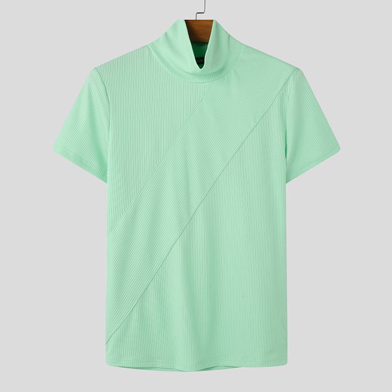 INCERUN Летние мужские футболки с высоким воротом и коротким рукавом в рубчик, облегающие повседневные футболки, топы