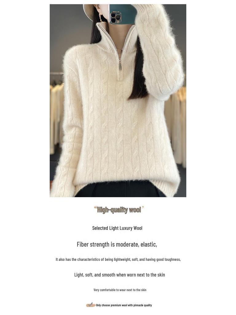 Женский облегающий пуловер из чистой шерсти с высоким воротом, крупной вязки «косы», кашемировый на молнии до середины груди