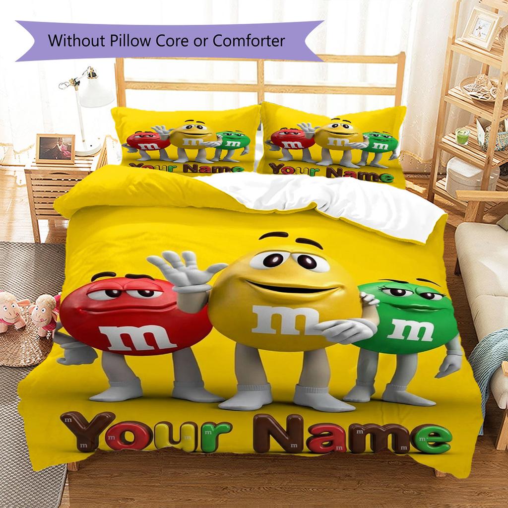 M&M's Custom Name Pattern Bedding,Quilt Set Quilt Cover Pillowcase Home Birthday Gift(1 * duvet cover + 2 * pillowcase, without core)