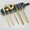 8 шт. портативный блестящий золотой дорожный набор столовых приборов с портативной синей сумкой, набор столовой посуды из нержавеющей стали, ложка, вилка, нож, набор столовых приборов с палочками для еды, соломинка