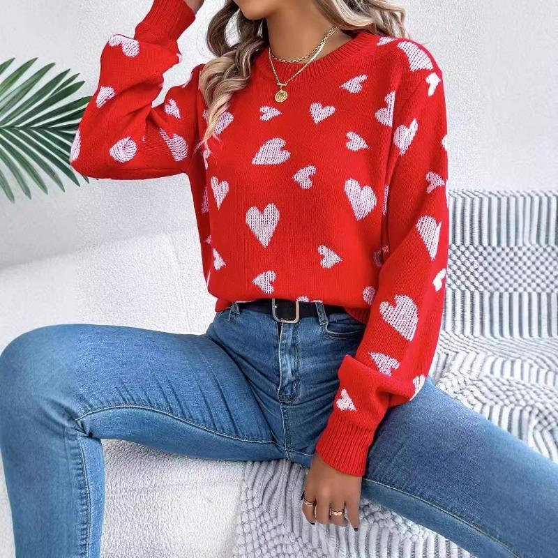 Women's Autumn and Winter Casual Round Neck Long Sleeve Knitted Sweater Clashing Color Love Lantern Sleeves