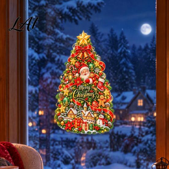 Holiday Window Stickers Christmas Tree Clings with Santa Claus Snowman Gingerbread Man and House Static Glass Art for Home Decorations Double Sided