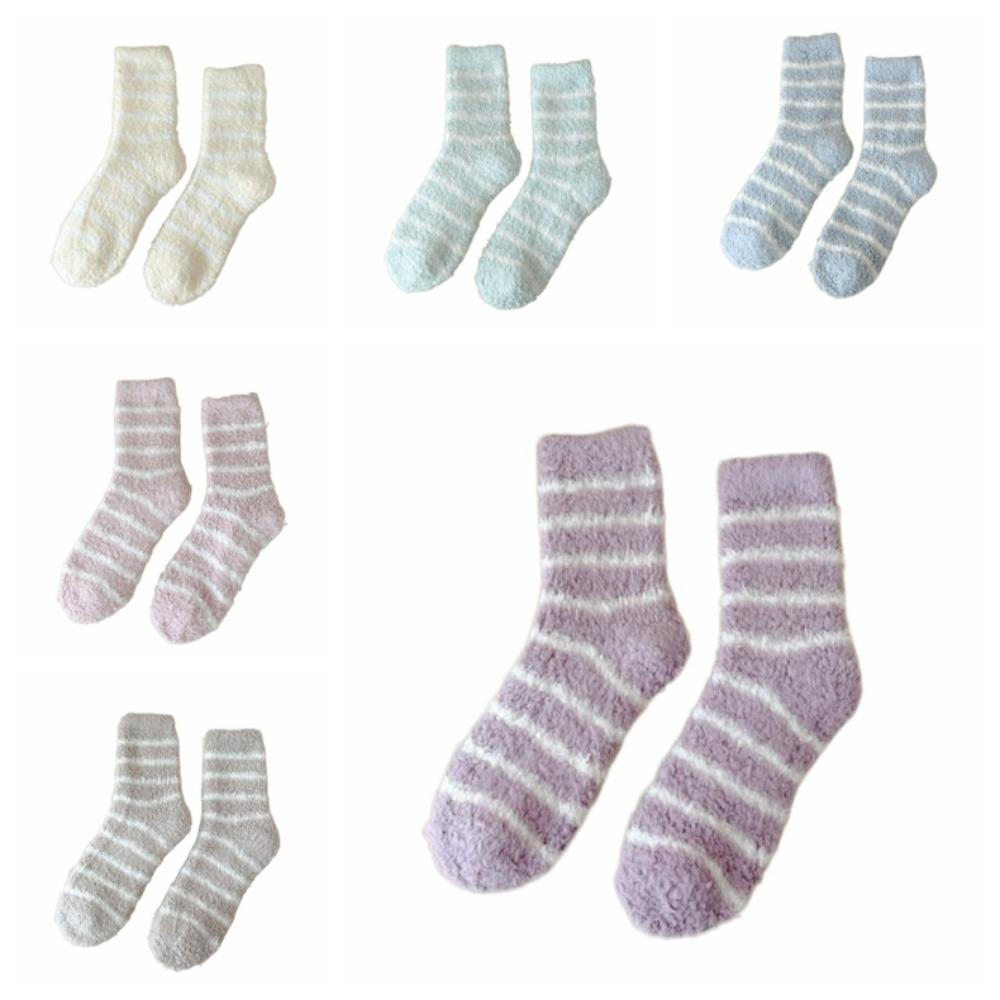 6Pairs Stripe Thicken Velvet Socks Patchwork Sleeping Socks Sweet Coral Fleece Socks  Girls