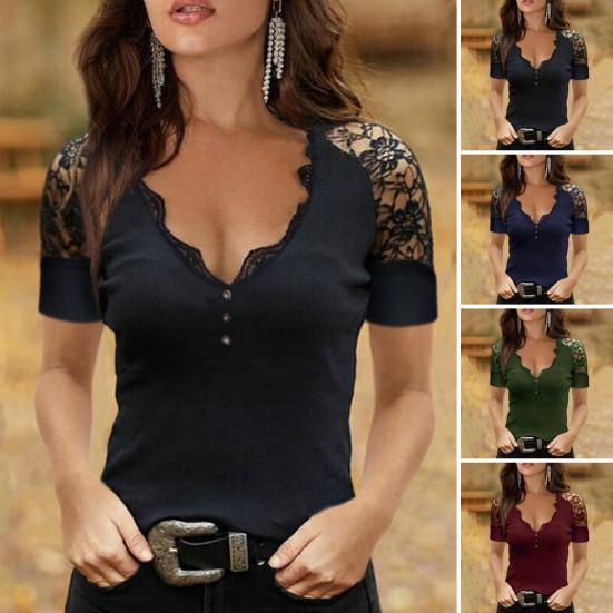 Women Tops V-Neck Hollow Lace Short Sleeve Tee Shirt Slim Fit Solid Color Pullover Tops